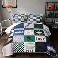 thumbnail image 1 of Manfei Boys Sport Bed Spread Queen, Football Checkered Queen Coverlet Set, Navy Green, Black Reversible 3pcs, 1 Quilt and 2 Pillowcases, 1 of 7
