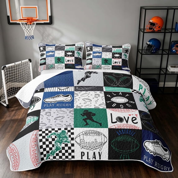 Manfei Boys Sport Bed Spread Queen, Football Checkered Queen Coverlet Set, Navy Green, Black Reversible 3pcs, 1 Quilt and 2 Pillowcases