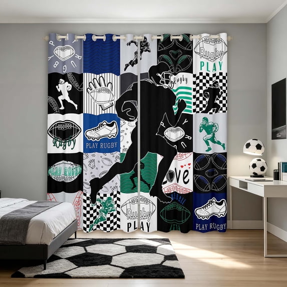 Manfei Boys Sport Blackout Curtains, Football Plaid Window Curtains Pack of 2 (38x45 Each), Teal Navy