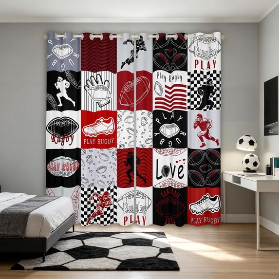 Manfei Boys Sport Blackout Curtains Set of 2 (38x54 Each), Football Plaid Living Room Curtains, Black Red