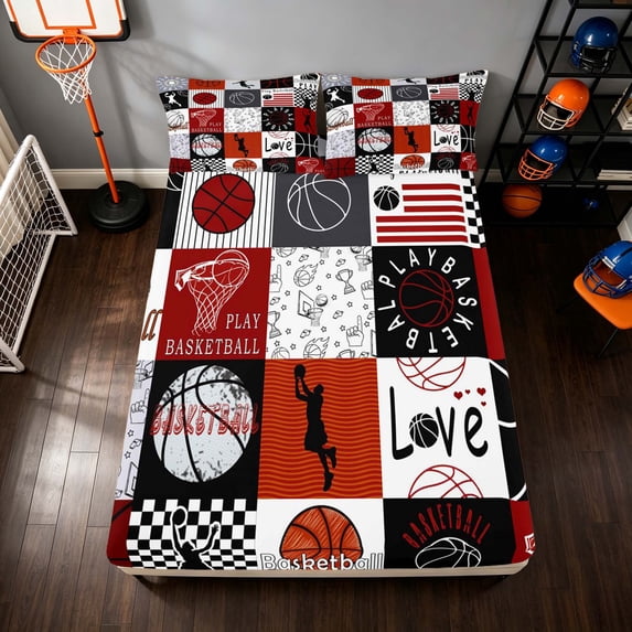 Manfei Boys Sport Fitted Sheet, Basketball Checkered Queen Bedding, Black Red 04 3pcs, 1 Fitted Sheet and 2 Pillowcases