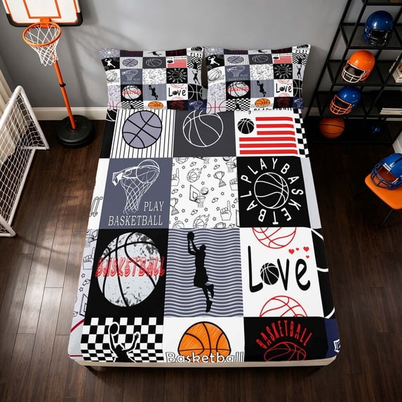 Manfei Boys Sport Fitted Sheet Full, Basketball Checkered Bed Set, Black Red 3pcs, 1 Fitted Sheet and 2 Pillowcases