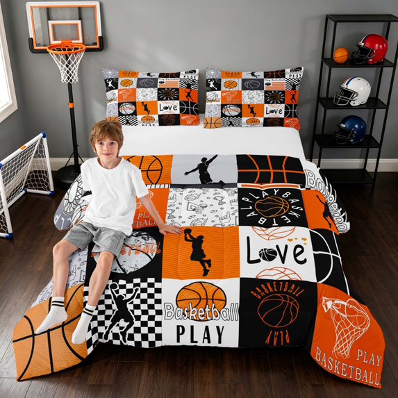 Manfei Boys Sport Queen Comforter Set, Basketball Plaid Comforter Sets Queen, Black Orange Comforter Sets Queen, Black Reversible 3-Piece 1 Comforter and 2 Pillowcases