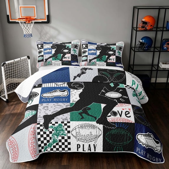 Manfei Boys Sport Quilt Full, Football Plaid Full Bedspread Sets, Teal Navy, Black Reversible 3 Pieces, 1 Coverlet and 2 Pillowcases