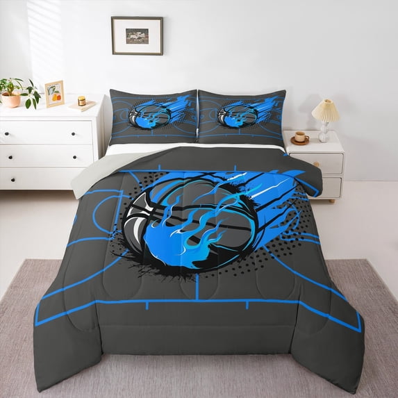 Manfei Boys Sport Theme Full Size Comforter Sets,Teens Basketball Gamer Bedding Comforter Set,Blue Gray Bedding Sets For Teens,Luxury Bedroom Decor Reversible,3pcs