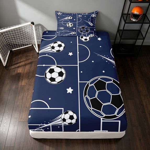 Manfei Boys Sport Twin Fitted Sheet, Soccer Print Bedding, NavyBlue White 2-Piece, 1 Fitted Sheet and 1 Pillowcase