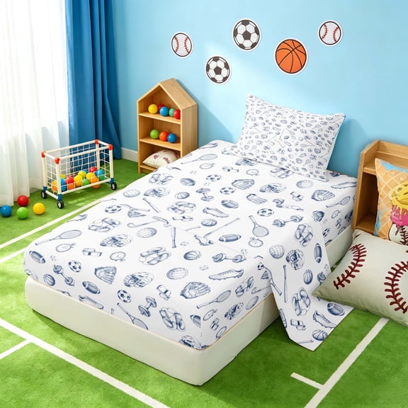 Manfei Boys Sport Twin Sheets, Volleyball Soccer Bedding, Navy Blue Sport 3-Piece(1 Flat Sheet, 1 Fitted Sheet and 1 Pillowcase)