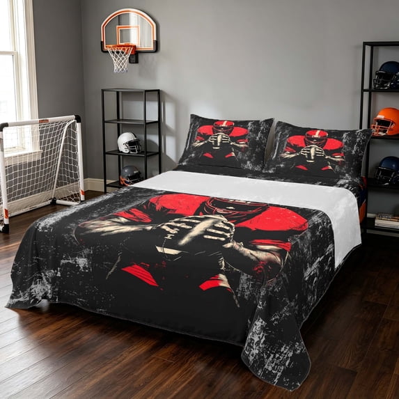 Manfei Boys Sports Bed Sheets, Football Gamer Full Size Sheets, White Red Black 4-Piece(1 Flat Sheet, 1 Fitted Sheet and 2 Pillowcases)