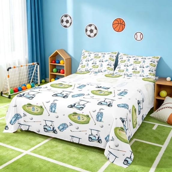 Manfei Boys Sports Bed Sheets, Golf Full Size Sheets, LightBlue Green White 4 Pieces(1 Flat Sheet, 1 Fitted Sheet and 2 Pillowcases)