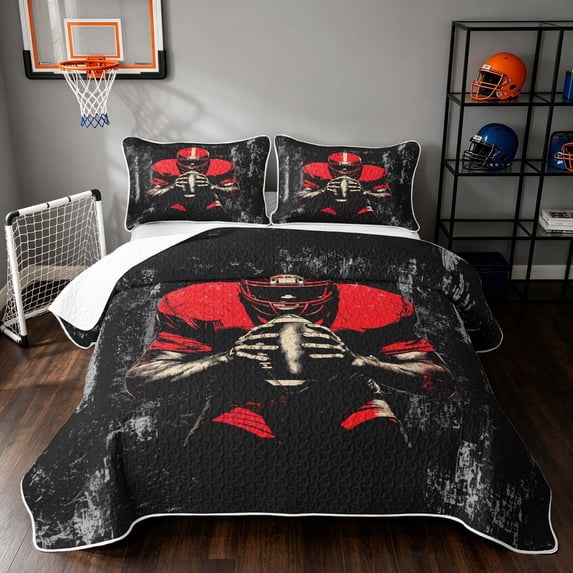 Manfei Boys Sports Bed Spread Queen, Football Gamer Queen Coverlet Set, White Red Black, Black Reversible 3-Piece, 1 Quilt and 2 Pillowcases