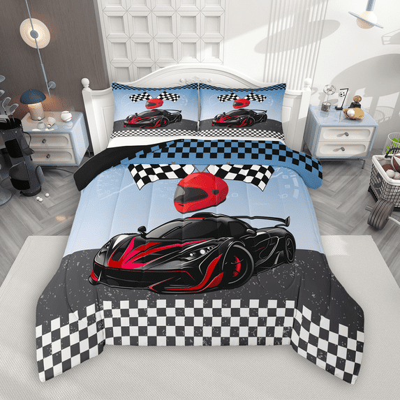 Manfei Boys Sports Car Bedding Comforter Set 2pcs, Speed Game Racing Flag Twin Comforter Sets, Red Race Car Helmet Bedding Set, Super Cozy Room Decor