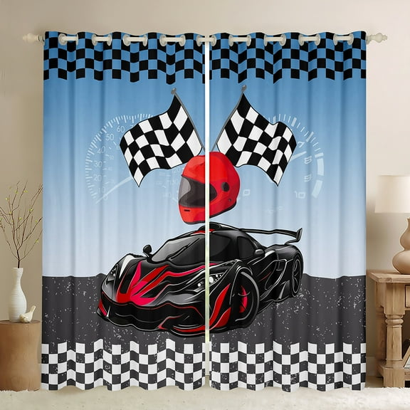 Manfei Boys Sports Car Black Out Curtains, Speed Game Racing Flag Curtains Pack of 2 (42x63 Each), Red Race Car Helmet Bedroom Curtains, Luxurious Room Decor