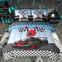 Manfei Boys Sports Car Twin Bedding Sets 7pcs, Speed Game Racing Flag Bedding Comforter Set, Red Race Car Helmet Sheet Sets, Super Cozy Room Decor