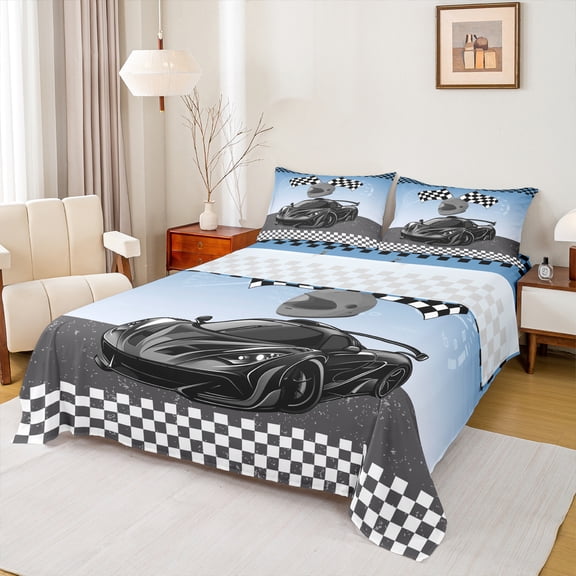 Manfei Boys Sports Car Twin Sheet Sets 3pcs, Speed Game Racing Flag Twin Fitted Sheet, Gray Race Car Helmet Flat Sheet, Lightweight Room Decor