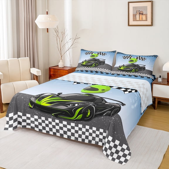Manfei Boys Sports Car Twin Sheet Sets 3pcs, Speed Game Racing Flag Twin Fitted Sheet, Green Race Car Helmet Flat Sheet, Ultra Soft Home Decor