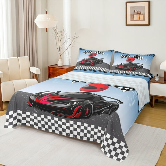 Manfei Boys Sports Car Twin Sheet Sets 3pcs, Speed Game Racing Flag Twin Fitted Sheet, Red Race Car Helmet Flat Sheet, Super Cozy Room Decor