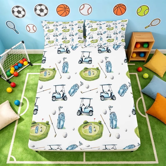 Manfei Boys Sports Fitted Sheet Full, Golf Bed Set, LightBlue Green White 3 Pieces, 1 Fitted Sheet and 2 Pillowcases