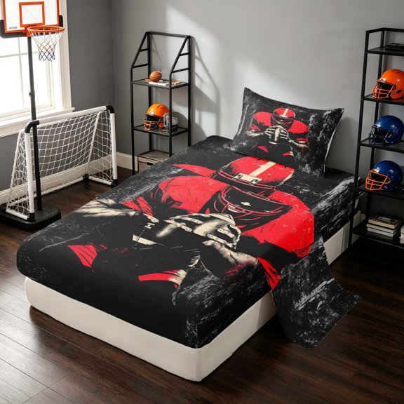 Manfei Boys Sports Twin Sheets, Football Gamer Bedding, White Red Black 3-Piece(1 Flat Sheet, 1 Fitted Sheet and 1 Pillowcase)