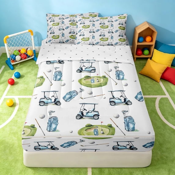 Manfei Boys Sports Zipper Queen Comforter Set with Fitted Sheet and 2 Pillowcases, Golf Zipper Bedding Set, LightBlue Green White