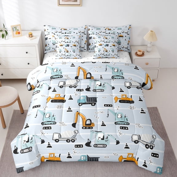 Manfei Boys Tractor Car Bedding Comforter Set 7-Piece, Cartoon Vehicle King Bedding Sets, Construction Truck Bed Sheets, Lightweight Room Decor