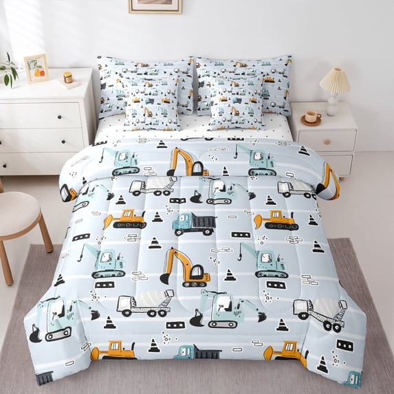 Manfei Boys Tractor Car Bedding Comforter Set 7pcs, Cartoon Vehicle Queen Bedding Sets, Construction Truck Queen Sheet Sets, Lightweight Room Decor