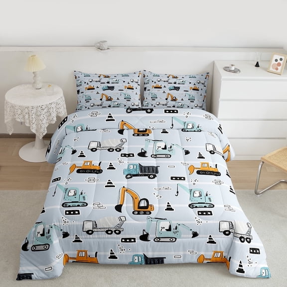 Manfei Boys Tractor Car Bedding Comforter Set, Cartoon Vehicle Twin Comforter Sets, Construction Truck Bedding Set, Lightweight Room Decor, 2-Piece