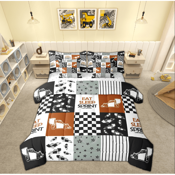 Manfei Boys Tractor Excavator Bedding Comforter Set 7pcs, Cartoon Farm Truck Queen Bedding Sets, Patchwork Plaid Reversible Ultra Soft Home Decor