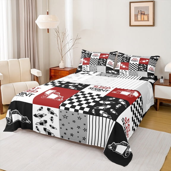 Manfei Boys Tractor Excavator Twin Sheet Sets, Cartoon Farm Truck Twin Fitted Sheet, Grey Red Patchwork Plaid Flat Sheet, Breathable Home Decor, 3pcs