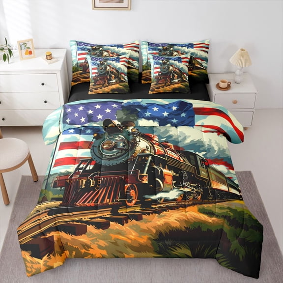 Manfei Boys Train 7-Piece Twin Bedding,Retro American Flag Bedding Comforter Set,White Blue,Black Reversible
