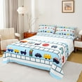 thumbnail image 1 of Manfei Boys Train Queen Sheet Sets 4 Pieces, Cartoon Steam Engine Flat Sheet, Transportation Light Queen Fitted Sheet, Lightweight Room Decor, 1 of 6