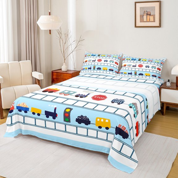 Manfei Boys Train Twin Sheet Sets 3pcs, Cartoon Steam Engine Twin Fitted Sheet, Transportation Light Flat Sheet, Lightweight Room Decor
