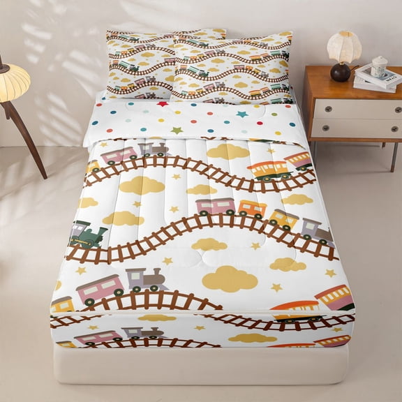 Manfei Boys Train Zipper Twin Comforter Sets with Fitted Sheet and 2 Pillowcases,Yellow Clouds Pattern Zipper Bedding Set,Polkadot Reversible,4pcs