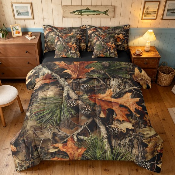 Manfei Branches Leaf Queen Bedding, Lake House Botanical Bedding Comforter Set Queen, Rust, Black Reversible, 7-Piece