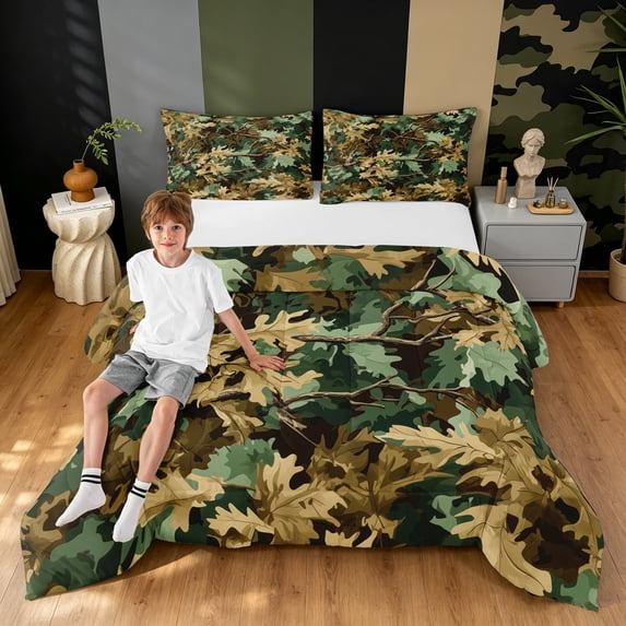 Manfei Branches Plant King Size Comforter Sets, Countryside Cabin Comforters King Size, Olive Green, Black Reversible, 3pcs, 1 Comforter and 2 Pillowcases