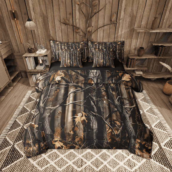 Manfei Branches Print 7pcs Bedding Twin Size, Autumn Fallen Leaves Comforter Sets with Sheets, Black Brown Bed Set, Ultra Soft Room Decorative
