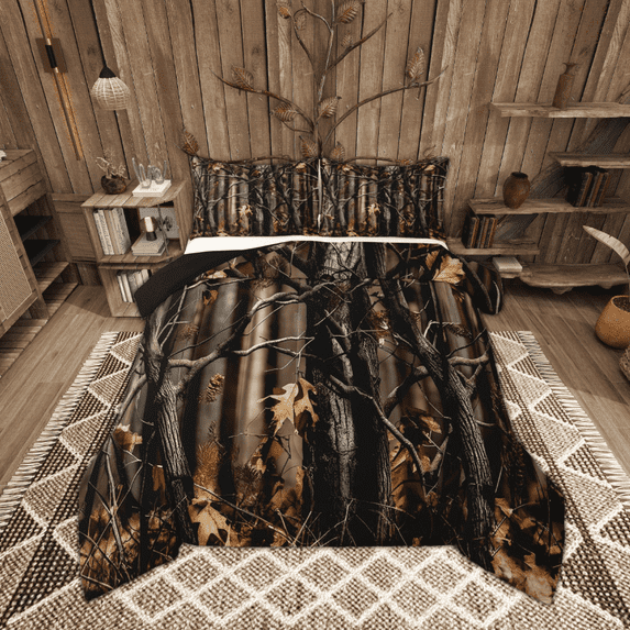 Manfei Branches Print Bedding Sets King with Comforter, Autumn Fallen Leaves Duvet Insert, Black Brown Comforter Sets King Size, Ultra Soft Room Decorative, 3pcs Reversible