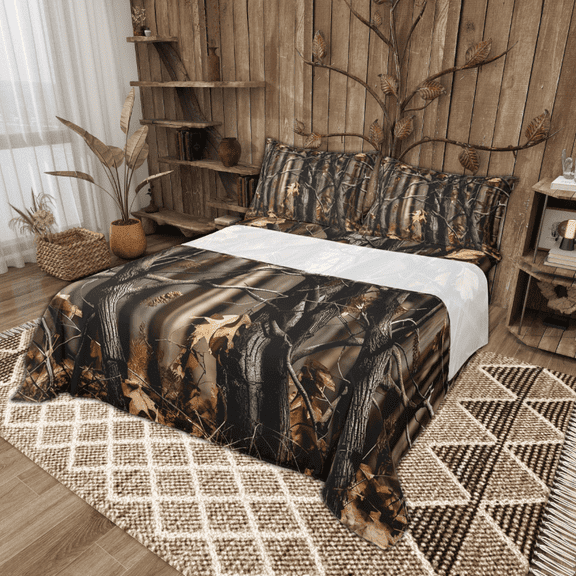 Manfei Branches Print Sheet Set Queen, Autumn Fallen Leaves Bedding Sets Queen Size, Black Brown Flat Sheet, Ultra Soft Room Decorative, 4pcs