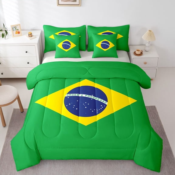 Manfei Brazil Flag 7-Piece Twin Bedding,World Travel Culture Bedding Comforter Set,Green Yellow Blue,Light Gray Reversible