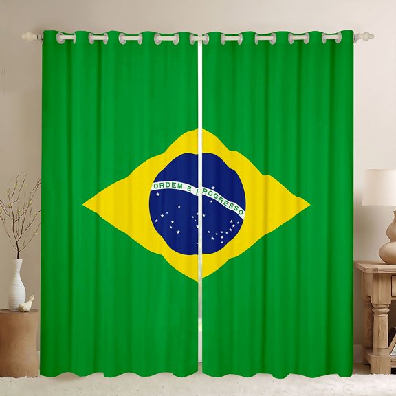 Manfei Brazil Flag Kitchen Curtains,World Travel Culture Black Out Curtains Pack of 2 (42x63 Each),Green Yellow Blue