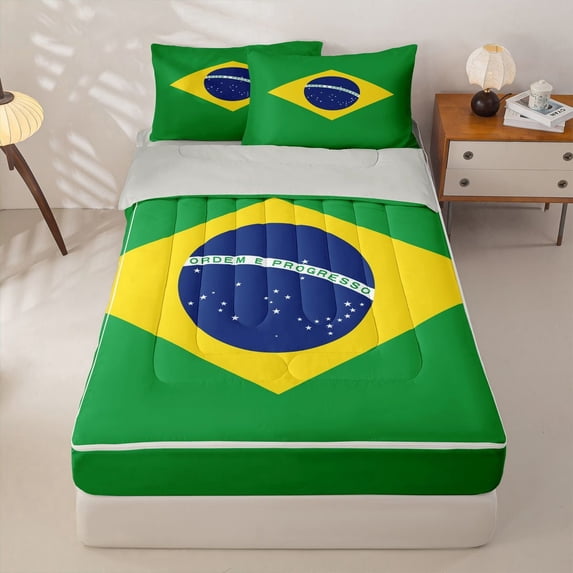 Manfei Brazil Flag Zipper Twin Comforter Sets with Fitted Sheet and 2 Pillowcases,World Travel Culture Zipper Bedding Set,Green Yellow Blue,Light Gray Reversible,4pcs