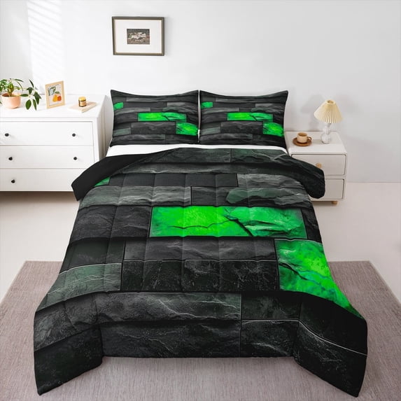 Manfei Brick Wall 3-Piece Full Size Comforter Sets,Geometric Rectangle Bedding Comforter Set,Black Green Lightweight Bedding Sets,Lightweight Abstract Bedroom Decoration,Reversible