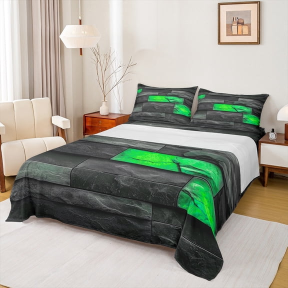 Manfei Brick Wall 4 Pieces Queen Sheet Sets,Geometric Rectangle Ultra Soft Flat Sheet,Black Green Queen Fitted Sheet,Lightweight Abstract Bedroom Decoration