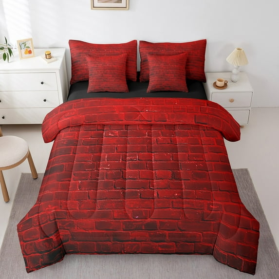 Manfei Brick Wall 7-Piece Bedding Comforter Set,Geometric Rectangle King Bedding Sets,Black Red Ultra Soft Bed Sheets,Lightweight Abstract Bedroom Decoration,Reversible