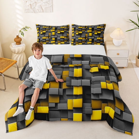 Manfei Bright 3D Block Full Size Comforter Sets, Geometric Bedding Comforter Set, Gray Yellow, Black Reversible 3-Piece, 1 Comforter and 2 Pillowcases