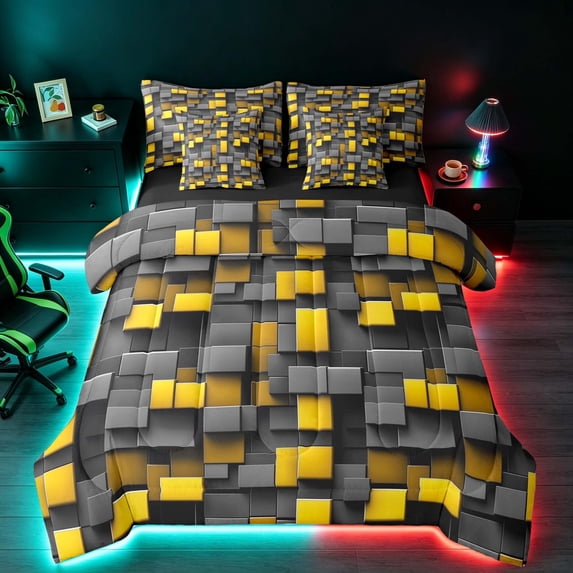 Manfei Bright 3D Block King Bedding, Geometric King Bed in a Bag, Gray Yellow, Black Reversible 7pcs