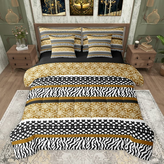 Manfei Brown Abstract Ombre Bedding Comforter Set 7 Pieces for Adult, Tribal Damask Full Bedding Set, Modern Fashion Style Reversible Fitted Sheet Flat Sheet, Ultra Soft Bedroom Decor