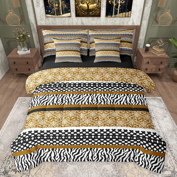Manfei Brown Abstract Ombre Twin Bedding Sets 7-Piece for Adult, Tribal Damask Bedding Comforter Set, Modern Fashion Style Reversible Sheet Sets, Ultra Soft Bedroom Decor