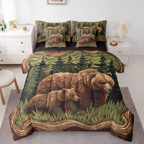 Manfei Brown Bear 7-Piece Twin Bedding Sets,Woodland Animal Bedding Comforter Set,Green Rustic Leaves Sheet Sets For Boys Kids,Microfiber Bedroom Decor Reversible