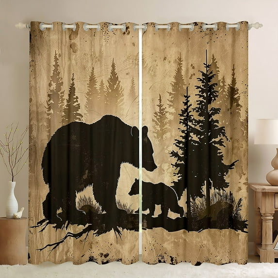 Manfei Brown Bear Adult Blackout Curtains Set of 2 (52x84 Each), Rustic Animal Wildlife Window Curtains, Vintage Countryside Curtains and Drapes, Curtains and Drapes Decor