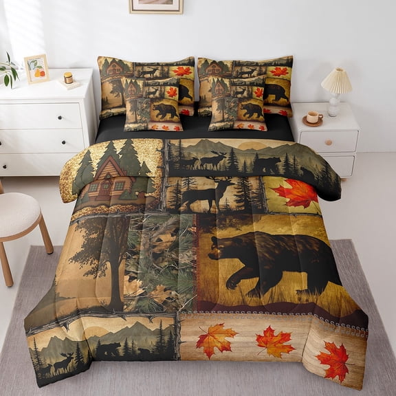 Manfei Brown Bear Animal Bedding Comforter Set 7pcs, Rustic Farmhouse Cabin Queen Bedding Sets, Western Christmas Wildlife Super Cozy Room Decor